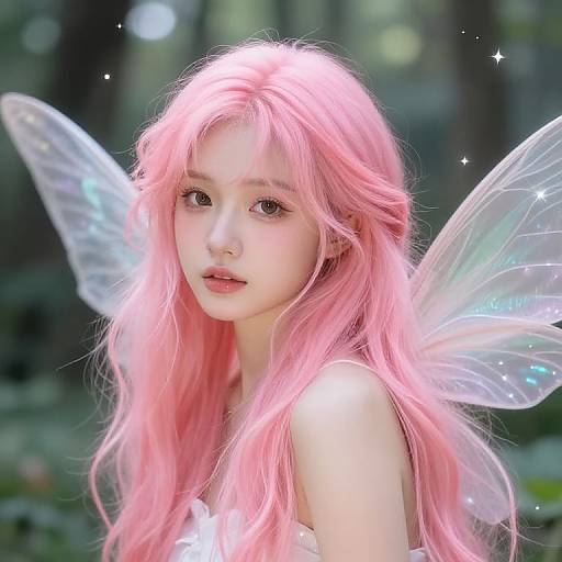 Photograph of a fair-skinned, young woman with long pink hair and translucent, sparkling fairy wings in a lush, green forest.