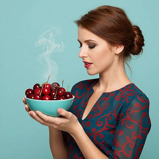 Photograph of a fair-skinned woman with red lipstick, brown hair in a bun, wearing a dark blue, red-patterned blouse, holding a