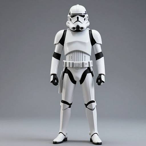 3D-rendered, white Stormtrooper costume with black accents, standing against a gray gradient background, realistic but simplified, symmetrical, front-facing