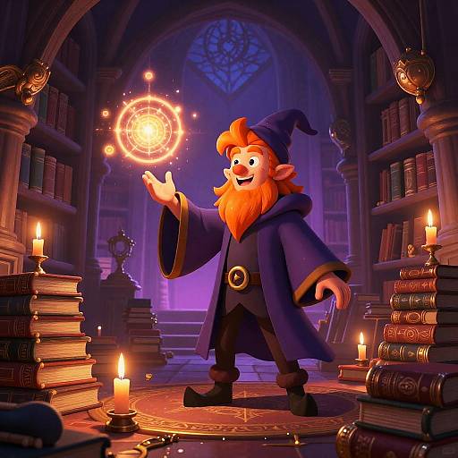 Digital illustration of a cheerful red-bearded wizard in a blue robe, casting a glowing magical circle in a dimly lit, candlelit library.