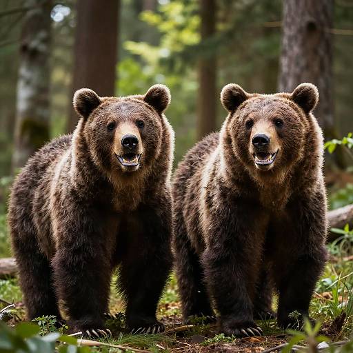 Smiling Bears in Sunlit Forest
