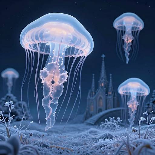 Photorealistic CGI of glowing blue jellyfish floating above a glowing underwater city with delicate white plants, set against a dark blue ocean night sky.