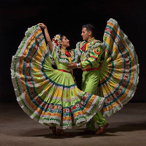 Photograph of a Hispanic couple in vibrant, traditional Mexican folk dance costumes with colorful ruffled skirts, dancing gracefully against a dark background.