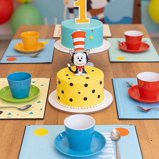 Colorful children's birthday table with three cakes: blue with 1st birthday candle, yellow with black spots, and red, featuring cat topper