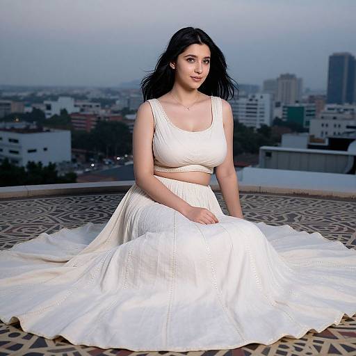 Photograph of a young woman with long black hair, wearing a white, sleeveless, textured, two-piece wedding dress, seated on a rooftop with
