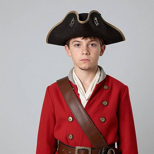 Photograph of a young boy in a red 18th-century military coat, black tricorn hat, and brown leather strap, against a plain light