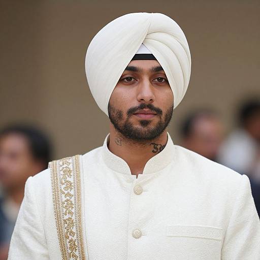 Photograph of a bearded South Asian man with medium skin tone, wearing a white turban and traditional white kurta with gold embroidery, standing against