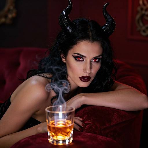 Photograph-style digital art of a seductive woman with black horns, red eyes, dark lipstick, and long black hair, smoking a glass of whiskey