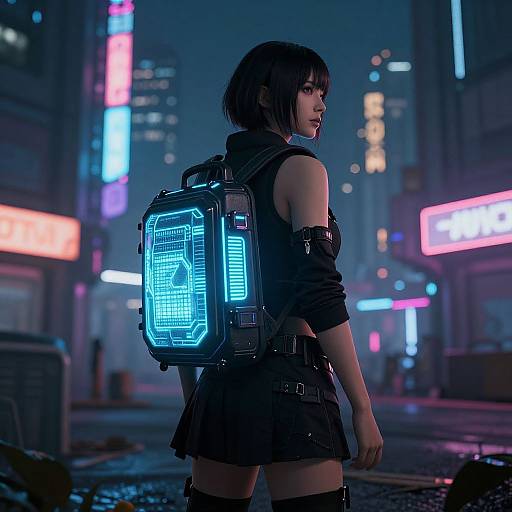 CGI cyberpunk scene: Dark-haired woman with short bob, neon blue backpack, black sleeveless top, black skirt, standing in neon-lit