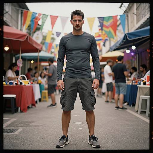 Man in Charcoal Shorts with Piercing Eyes