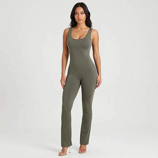 Photograph of an attractive woman with medium brown skin, black wavy hair, wearing a form-fitting, olive-green jumpsuit and beige high heels