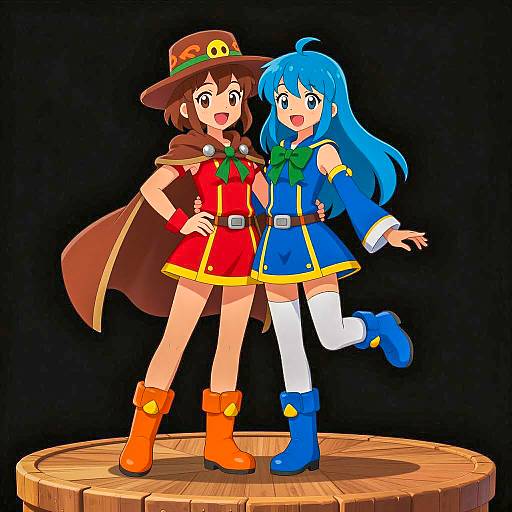 Anime Female Characters on Wooden Platform