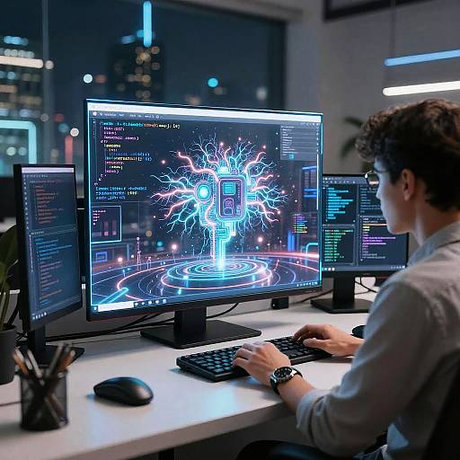 Photograph of a young man with curly brown hair, wearing a white shirt, typing on a keyboard in front of three computer monitors displaying a vibrant,