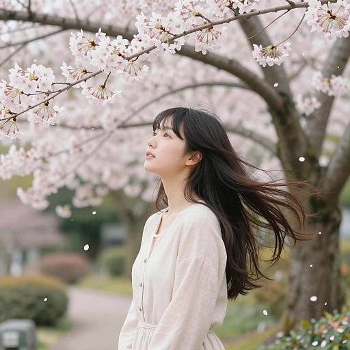 Photograph of an Asian woman with long black hair, wearing a white blouse, standing in a cherry blossom tree-lined path.