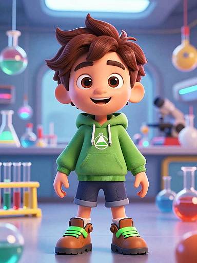 CGI cartoon of a smiling, brown-haired boy in a green hoodie, shorts, and brown sneakers, standing in a colorful, lit-up laboratory.
