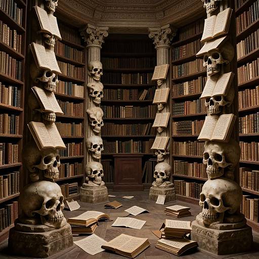 Photograph of a dimly lit, eerie library with skeletal statues holding music sheets between bookshelves, scattered papers on the floor.