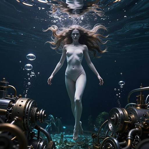 Photorealistic CGI: Nude woman with long brown hair swims underwater, surrounded by dark, metallic pipes and bubbles, illuminated by soft blue light.