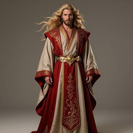 Mystical Man in Ornate Red and Beige Robe