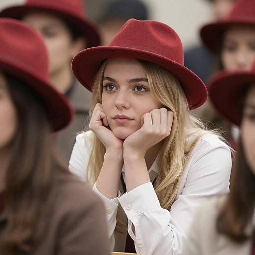 Thoughtful Young Woman in Red Hat