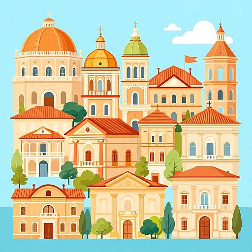 Digital illustration of a vibrant Mediterranean-style cityscape with beige buildings, red-tiled roofs, green domes, arched windows, and lush green trees