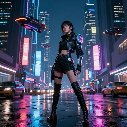 Cyberpunk cityscape photograph: Black-haired woman in leather jacket, shorts, thigh-high boots, neon cyber armor, standing on wet street, surrounded