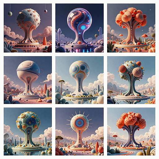 A vibrant, surreal digital artwork featuring nine distinct, colorful, sci-fi landscapes with futuristic, tree-like structures in each scene.