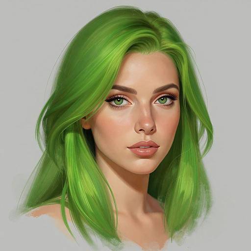 Digital portrait of a fair-skinned woman with vibrant green hair, large green eyes, and pink lips, set against a light blue background.