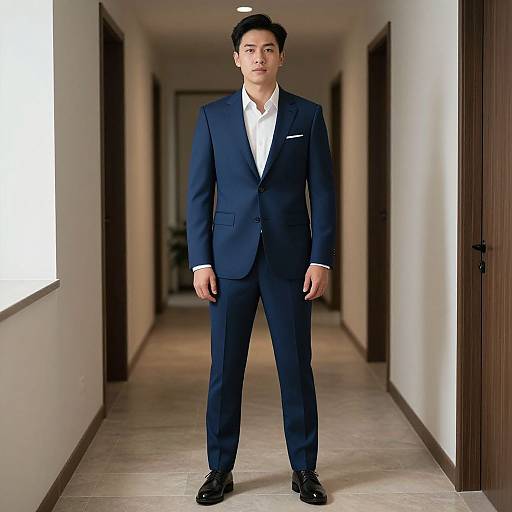 Photograph of an Asian man standing in a hallway, wearing a dark blue suit, white shirt, and black shoes, with a serious expression.