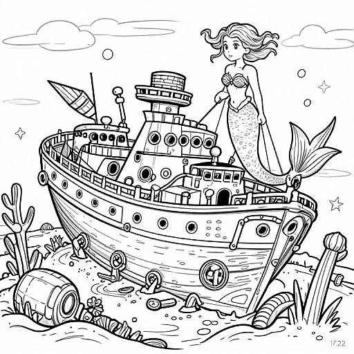 Black-and-white line drawing of a mermaid with a fish tail standing on an old, sunken ship surrounded by seaweed and coral.