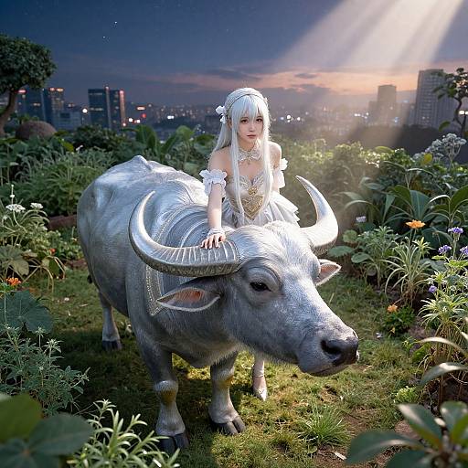 Digital artwork of a white-haired girl in a lace dress riding a silver bull with large horns in a garden at sunset, city skyline in the background.