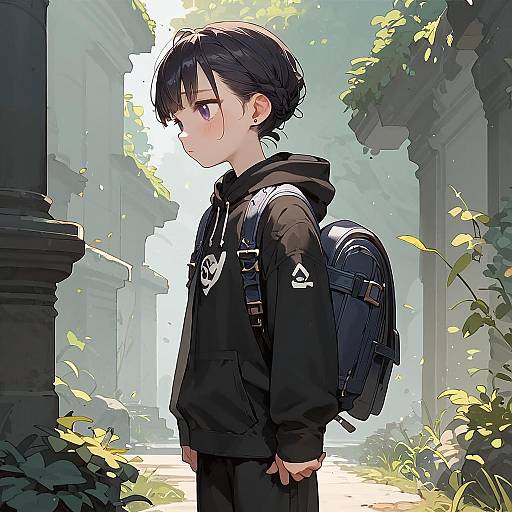 Anime Girl in Hoodie with Backpack