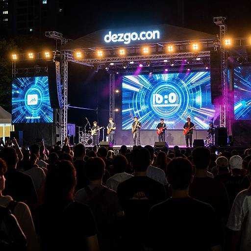 Photograph of a nighttime concert with a band performing on a stage under bright lights, displaying 