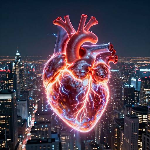 Glowing, neon-lit human heart with electric blue and red lights hovers over a cityscape of illuminated skyscrapers at night. Digital