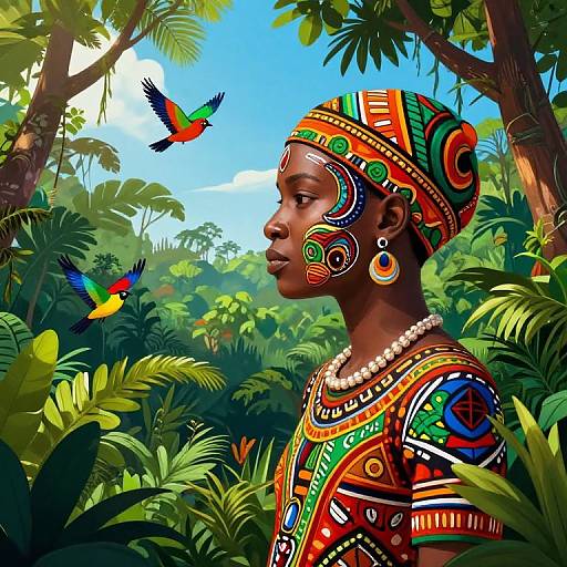 Digital art: African woman with vibrant, traditional patterned attire and jewelry, adorned with colorful face paint, gazes at two colorful birds in lush,