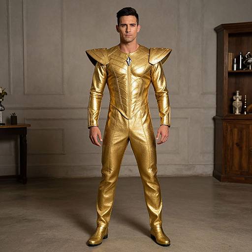 Photograph of a handsome man in a shiny, gold, long-sleeve, high-collared jumpsuit with exaggerated shoulder pads, standing in