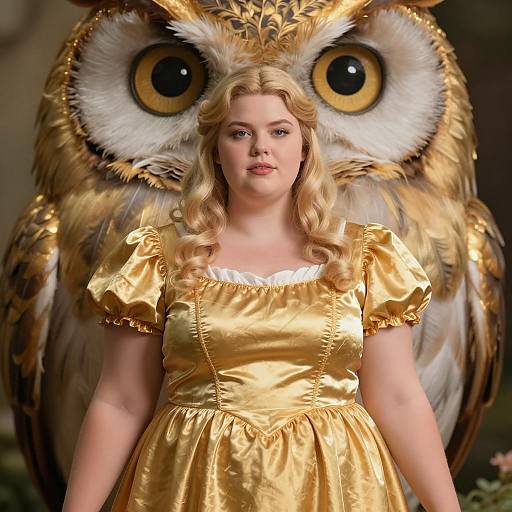Plus Size Woman in Gold Dress with Giant Golden Owl