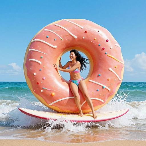 Surreal Woman Surfing Giant Donut