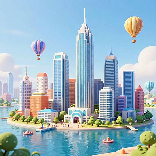 Vibrant digital illustration of a cityscape with tall blue and red skyscrapers, two hot air balloons, a river, and greenery.