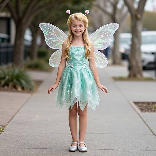 Photograph of a smiling young blonde girl in a light turquoise fairy dress, translucent wings, white headband with antennae, silver shoes, standing on