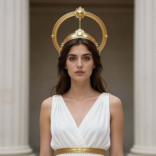 Photograph of a young woman with dark hair, wearing a white, V-neck gown and a gold, ornate halo, standing between white columns.