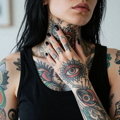 Photograph of a tattooed woman with black hair, wearing a black tank top, hand on neck, showcasing colorful eye and floral tattoos, black nail