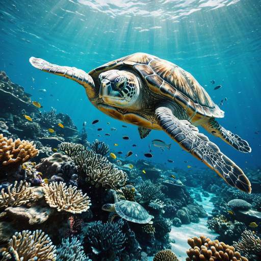 Enormous Sea Turtle Swimming Over Coral Reef