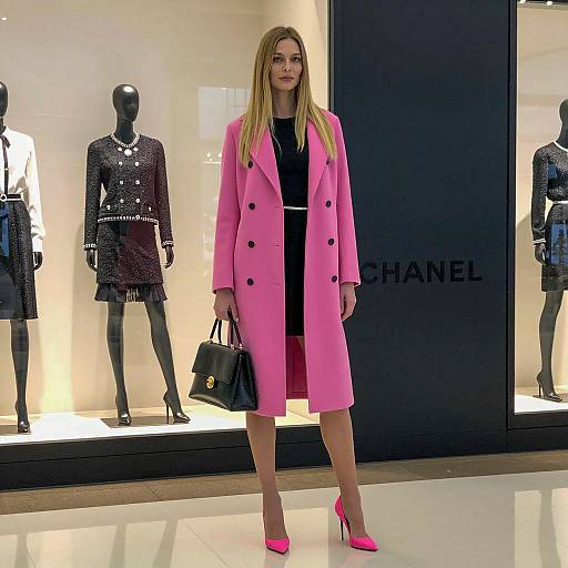 Woman in Pink Coat Outside Chanel Store