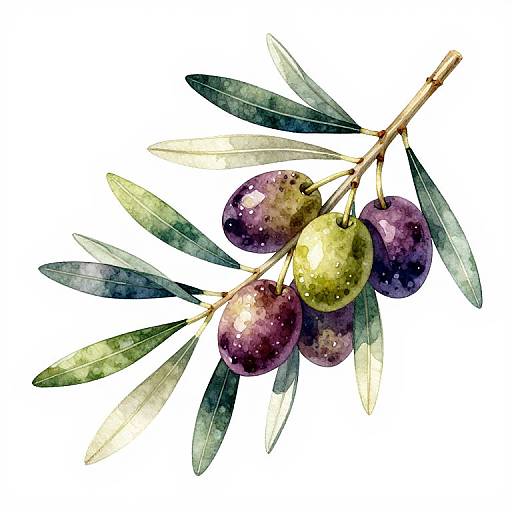 Watercolor illustration of a olive branch with purple, green, and yellow olives, and green leaves on a white background.