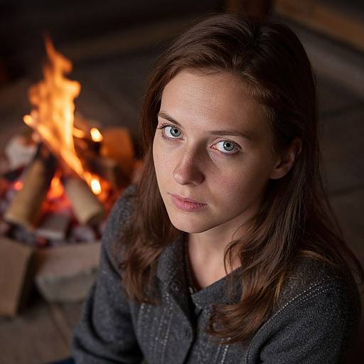Photograph of a young woman with blue eyes, fair skin, and brown hair, wearing a dark, textured sweater, gazing at a bright,