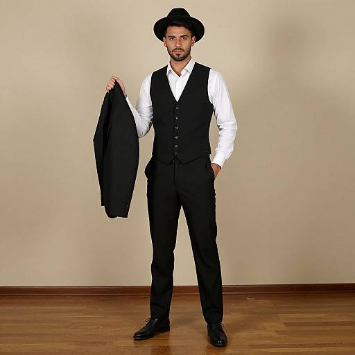 Photograph of a handsome, bearded man in white shirt, black vest, and pants, holding a black coat, standing on wooden floor against a