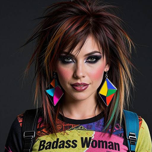Photograph of a woman with spiky hair, bold makeup, colorful geometric earrings, and a rainbow-patterned shirt, set against a dark background.