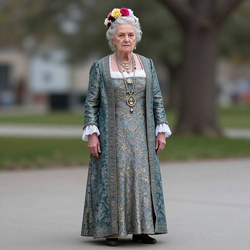 Photograph of an elderly white woman with white curly hair, wearing a floral-patterned green dress, white lace cuffs, and a flower crown, standing
