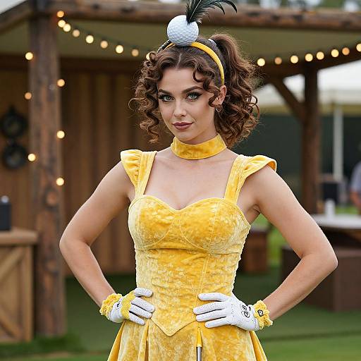 Photograph of a curly-haired woman in a yellow, vintage-style dress with white gloves, feathered headband, and choker, standing outdoors under
