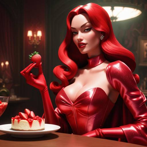 Glamorous Woman in Red Dress with Strawberry Cakes